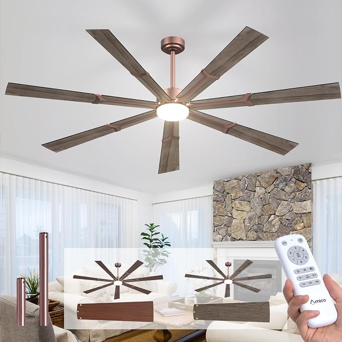 Amico 80 Inch Ceiling Fans with Lights and Remote, Indoor Outdoor Ceiling Fan for Patio Living Room, Kitchen, Quiet 6-Speed Reversible DC Motor, Dual-Sided Blades, Brown Farmhouse Dimmable & 3CCT