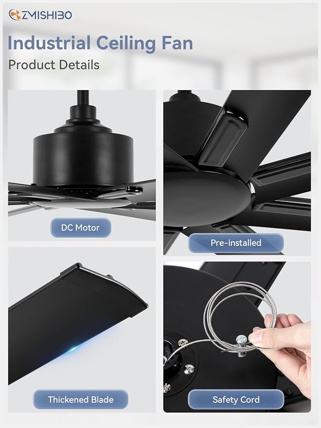 ZMISHIBO 84 Inch Ceiling Fans No Light, Large Industrial Ceiling Fan with 8 Aluminium Blades, Quiet DC Motor, 6 Speeds, Modern Ceiling Fan without Light for Garage/shop/living room,Black