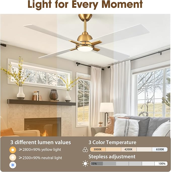 48" Modern White & Gold Ceiling Fan with LED Light and Remote Control, Quiet Reversible DC Motor, 6-Speed Indoor Ceiling Fan for Bedroom, Living Room, Dining Room