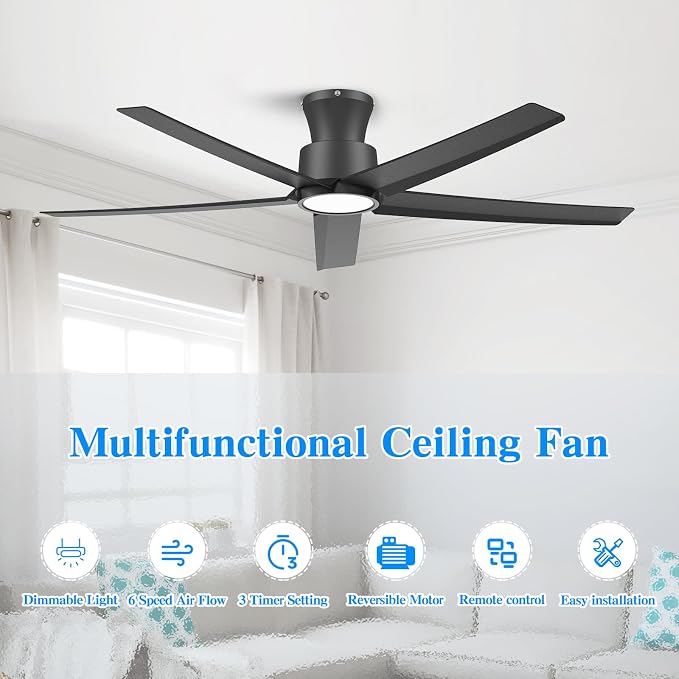 ocioc 52 inch Ceiling Fans with Lights, Large Air Volume Ceiling Fans with Reversible Quiet DC Motor and Remote 2 Pack（Black）