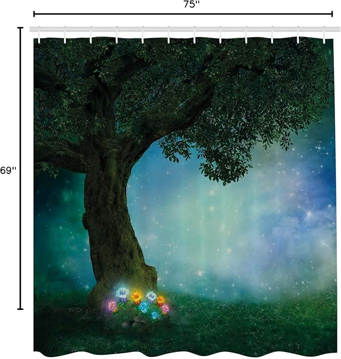 Ambesonne Forest Shower Curtain, Little Red Riding Hood Woodland at Night Flowers and Stars Image Print, Cloth Fabric Bathroom Decor Set with Hooks, 69" W x 75" L, Multicolor Forest Green