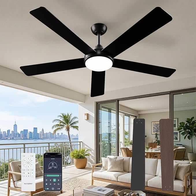 60 Inch Ceiling Fans with Lights and Remote/App Control: Black Ceiling Fan with Light, Quiet Reversible DC Motor, Dimmable Tri-Color LED, Modern Ceiling Fan for Bedroom/Patio, Indoor/Outdoor