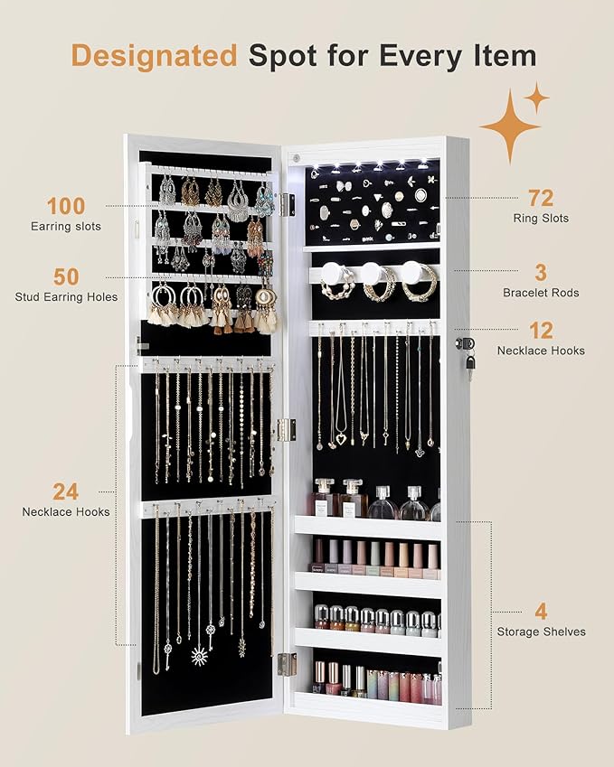 Nicetree 6 LEDs Mirror Jewelry Cabinet, Large Capacity Lockable Jewelry Armoire Organizer, Door or Wall Mounted Mirror with Jewelry Storage, Gift Idea, White
