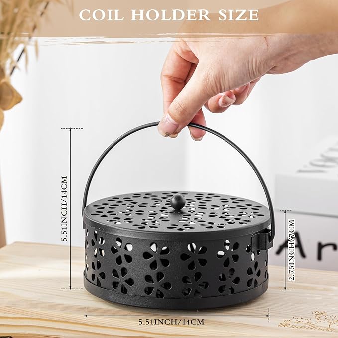 Lallisa 2 Pieces Mosquito Coil Holder Incense Coil Holder Retro Portable Round Metal Hanging Incense Burner Holders with Handle for Home Indoor Outdoor Camping Patio (Black)