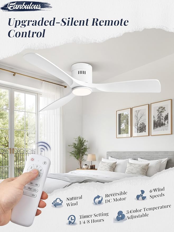 Fanbulous 52" Ceiling Fans with Lights and Remote Control,Modern Flush Mount Ceiling Fan with 3 CCT,Low Profile Ceiling Fans with 6-Speeds Reversible DC Motor for Patio Living Room Bedroom(White)