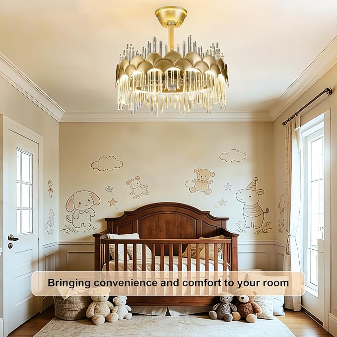 Depuley Bedroom Ceiling Fan with Lights: 20" Gold Chandelier Cagd Fan with Remote Control - Modern Crystal Fandelier for Girl's Bedroom Living Room Nursery
