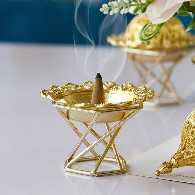 Topyond Arabic Incense Burner, Golden Metal Incense Holder, Vintage Backflow Incense Holders, Exquisite Lotus Flower Design, for Worship and Home Decor