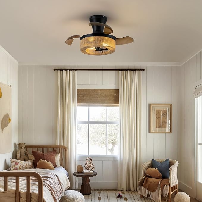 28'' Retractable Ceiling Fan with Lights, Flush Mount Small Caged Low Profile Ceiling Fan with Remote Invisible Blades 6 Wind Speeds farmhouse Fandelier for Kids Nursery Room, Bedroom, Kitchen