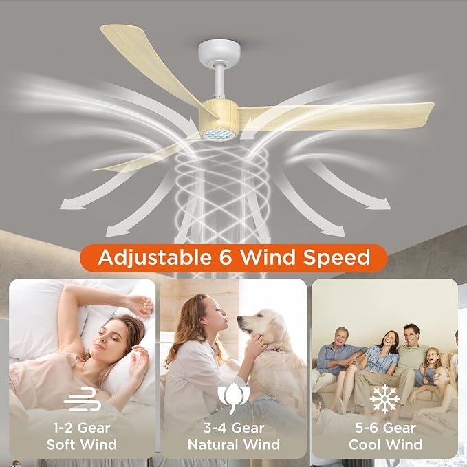 TALOYA 52 Inch Ceiling Fans with Lights Led Remote Control Flush Mount Low Profile for Living Room Bedroom Outdoor Patio,DC Motor,Reversible,Dimmable,Buzzer ON/Off,3 Blades,Oak