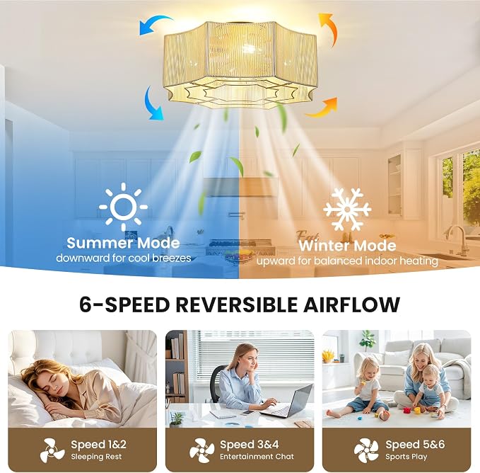RUIYEY Boho Ceiling Fans with Lights: 20 inch Modern Flush Mount Ceiling Fan with Remote Control, 7 Blades Reversible 6 Speeds E26 4 Light Low Profile Hand Woven Caged Fandelier for Bedroom Nursery