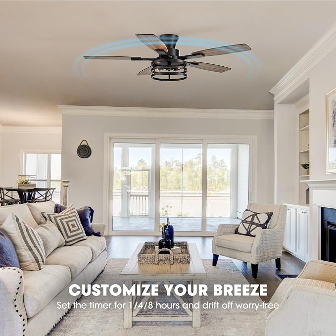 52 Inch Flush Mount Ceiling Fans with Lights and Remote Control, Low Profile Farmhouse Ceiling Fan for Bedroom Living Room and Patio, Black Caged Ceiling Fan for Indoor and Outdoor