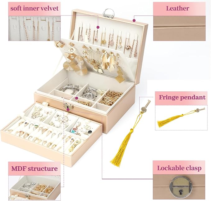 BOOVO Large Jewelry Boxes For Women (Champagne, 4 layer) | 4 Layers Jewelry Organizer Box With Cosmetic Storage Drawer, Necklace Ring Jewelry Organizer Box