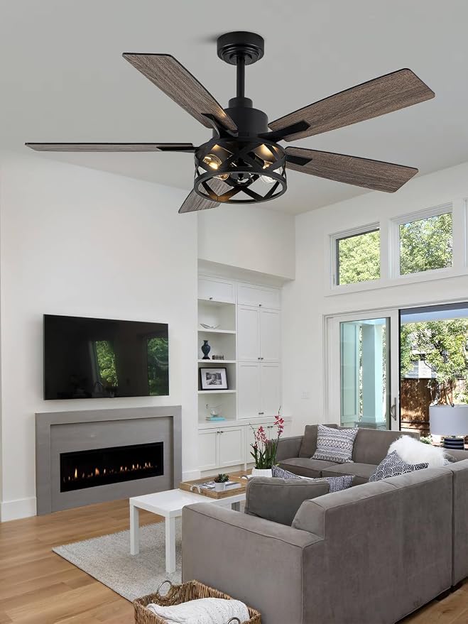 52 Inch Farmhouse Ceiling Fan with Light and Remote Industrial Ceiling Fan Quiet and Reversible DC Motor Rustic Caged Chandelier Fan for Living Room Bedroom Patio