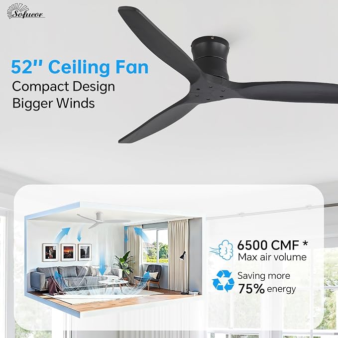 Sofucor 52" Smart Ceiling Fan No Light, Solid Wood Low Profile Ceiling Fan with Remote, Flush Mount Ceiling Fan Works with Alexa/Google/App 6-Speed Timing Reversible DC Motor for Living Room Bedroom