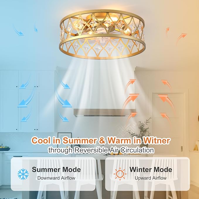 Garwarm Caged Ceiling Fan with Light,20" Ceiling Fans with Lights and Remote,Bladeless Fandelier Small Low Profile Ceiling Fan Light Fixture for Bedroom,Kitchen,Dining Room,Gold