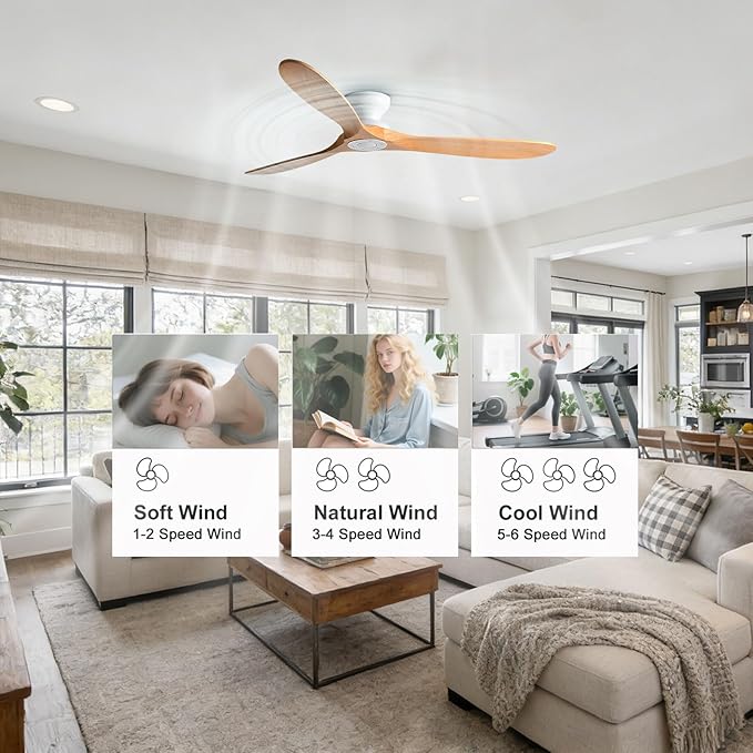 Solid Wood 42in Ceiling Fan Without Lights Flush Mount Ceiling Fans with Remote Control 6 Speeds, Wood Blades Modern Ceiling Fan No Light for Bedroom/Farmhouse/Patio/Indoor