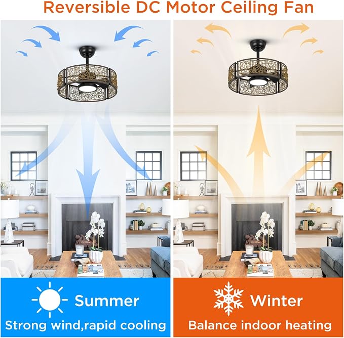 TALOYA 20 Inch Caged Ceiling Fans with Lights Chandelier Remote Control Flush Mount Low Profile for Bedroom Living Room Patio,Reversible,Buzzer Mute,Dimmable Led Light Included,Fandelier,Black