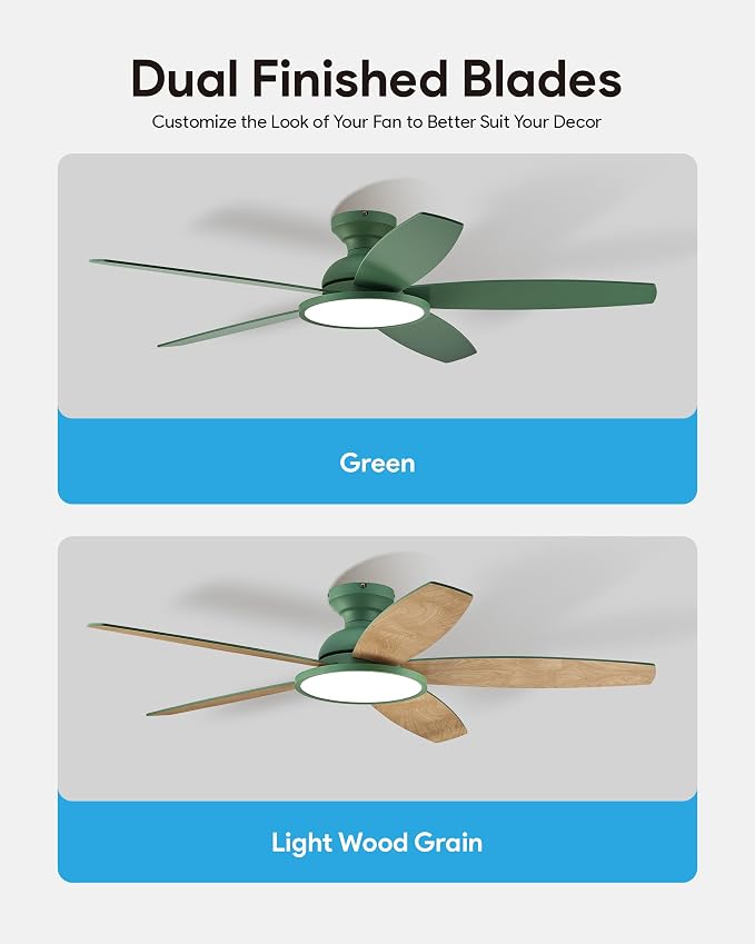 VONLUCE Ceiling Fans with Lights, 52 Inch Ceiling Fan and Remote, Full-spectrum LED Light, 3CCT, 6-Speeds Noiseless Reversible DC Motor, Modern Ceiling Fan for Farmhouse Bedroom Indoor, Green