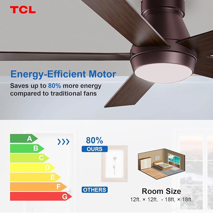 TCL Ceiling Fan with Light: Oil Rubbed Bronze Finish 5 Wood Grain Blade Low Profile Remote Control Flush Mount DC Reversible 3CCT Dimmable Noiseless Fan with Light for Indoor and Room