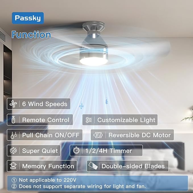 Passky Ceiling Fans with Lights, 42 inch Low Profile Ceiling Fan with Pull Chain and Remote Control, Flush Mount, Reversible, 5CCT, Dimmable, Noiseless, Nickel Pull Cord Ceiling Fan for Bedroom