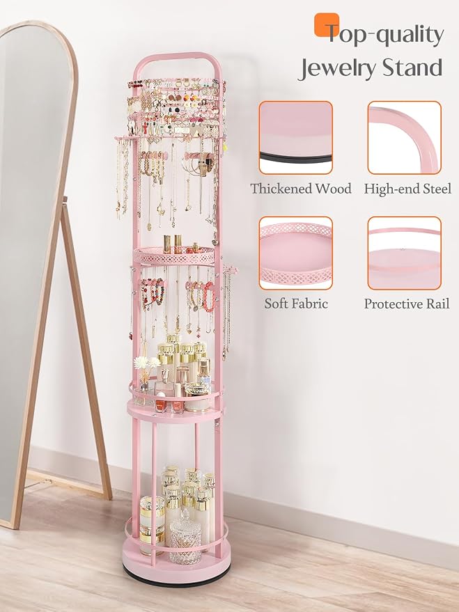 Jewelry Holder Organizer, Floor Jewelry Organizer with Earring Organizer Necklace Holder, Rotating Jewelry Stand Necklace Display Earring Storage, Large Hanging Jewelry Tree for Jewlery Bracelet Ring
