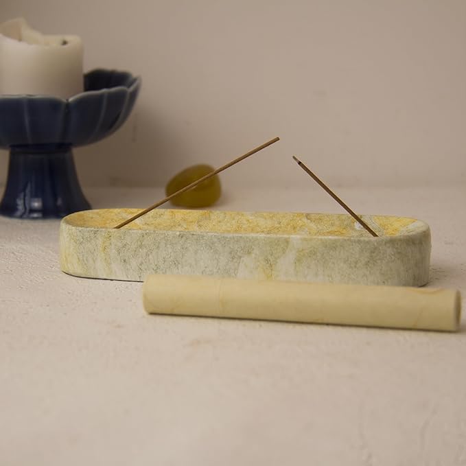 Marble-Patterned Concrete Incense Holder, with A Box of Jasmine Incense, 7.1 Inch Catches Falling Incense Ash, A Poetic and Artistic Gift for Yoga＆Meditation(GreenYellow)