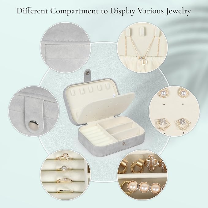 Hatori Travel Jewelry Box, PU Leather Small Jewelry Organizer for Women Girls, Double Layer Portable Mini Travel Case Display Storage Holder Boxes for Stud Earrings, Rings (Grey)