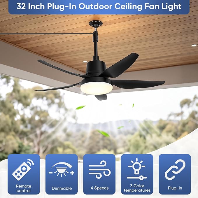 Plug in Ceiling Fan with Light,30" Portable Outdoor Ceiling Fans with Remote–4 Speeds,3000K-6500K LED Hanging Fan Light with Hook for Gazebos,Patios,Garage,Camping,RV,Workshops (Black)
