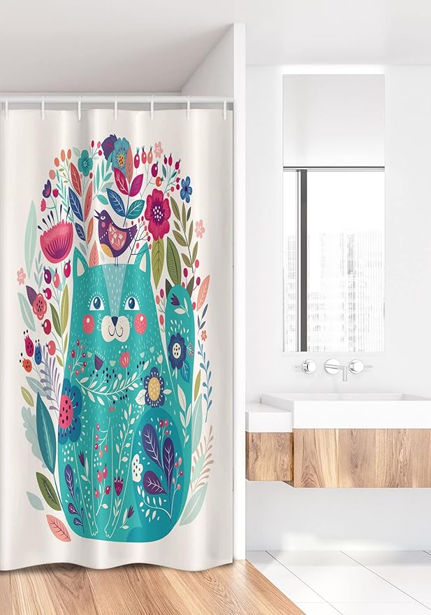 Ambesonne Cat Stall Shower Curtain, Kitty Surrounded by Birds Flowers Ladybugs Inspirational Folk Theme, Fabric Bathroom Decor Set with Hooks, 36" W x 72" L, Multicolor Seafoam