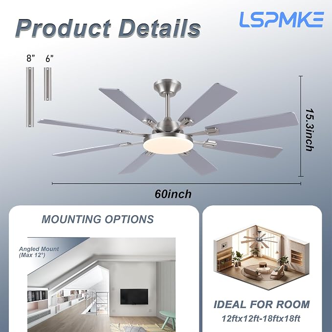 Ceiling Fan With Light & Remote Indoor/Outdoor Use 60 Inch Nickel | Reversible DC Motor,3CCT, Dimmable, Timer, Noiseless,Ceiling Fan for Bedroom Living Room