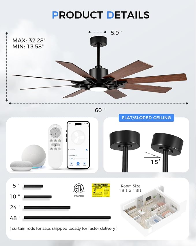 60 Inch Ceiling Fan with Light, Smart Indoor Outdoor Ceiling Fan with Alexa App Control, Large Black Modern Ceiling Fan, Dual Finish 8 Blades, Quiet Fan for Patio, Garage, ZCCF05BK-60