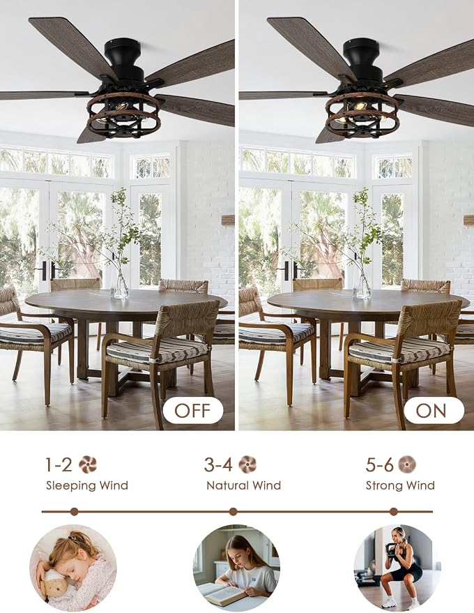 52 Inch Flush Mount Farmhouse Ceiling Fan with Light and Remote Control | 5 Reversible Blades Low Profile Ceiling Fans with 3-Light 6 Speeds 3 Timing for Living Room Bedroom Kitche