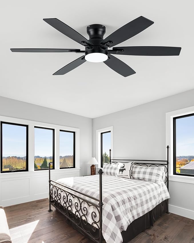 Coolwind 52'" Low Profile Ceiling fan with light, 6 Double-Side blades and APP/Display Remote, 6 Speed Reversible DC Motor, 3CCT Dimmable LED flush mount ceiling fan for Bedroom Living Room, Black