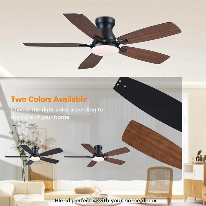 JSAITEE 46 Inch Low Profile Flush Mount Ceiling Fan with Lights, Brown | 46In Flush Mount Ceiling Fan with 3CCT Dimmable, 6 Wind Speeds and Timing, Low Profile Fan for Modern