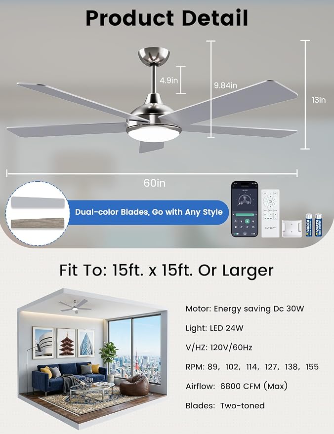 60 Inch Ceiling Fans with Lights and Remote/App Control: Brushed Nicel Ceiling Fan with Light, Quiet DC Motor, Dimmable Tri-Color LED, Modern Ceiling Fan for Bedroom/Patio, Indoor/Outdoor