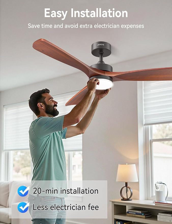52 Inch Ceiling Fans with Lights and Remote, Solid Wood 3 Blade Modern Ceiling Fan, Quiet DC Motor, 6 Speeds, Dimmable LED, Timer, Indoor & Covered Outdoor Living Room, Bedroom, Patio (Dark Walnut)