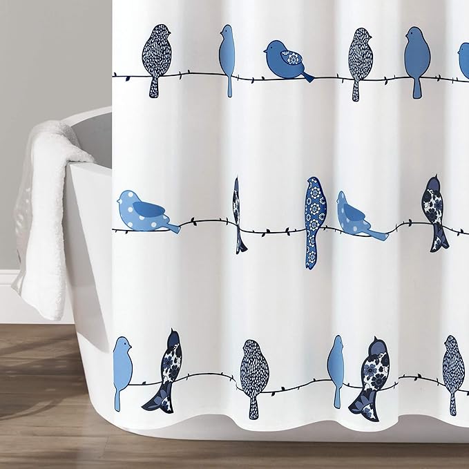 Lush Decor Rowley Birds Shower Curtain, 72” W x 72” L, Navy - Colorful Floral Bird Pattern - Whimsical & Playful Bird Shower Curtain - Farmhouse, Coastal, & Boho Bathroom Decor
