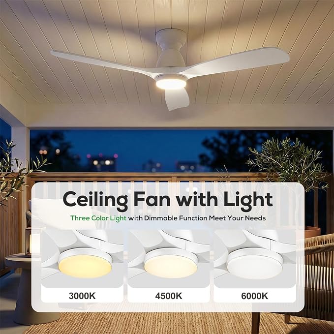 52in Smart Flush Mount Ceiling Fans with Lights,Outdoor Low Profile White Ceiling Fan Quiet DC Motor,Work with Alexa/Gg Voice Control/App/Remote,Dimmable,6-speed,3 Wood blades Fan for Patio,Porch