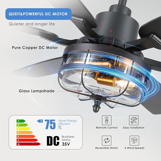 Hounberi 52" Farmhouse Ceiling Fan with Light and Remote, Black Industrial Caged Ceiling with Seeded Glass, 6-Speed Reversible DC Motor, Dual Finish 6 Blades, Black Ceiling Fan for Living Room Bedroom