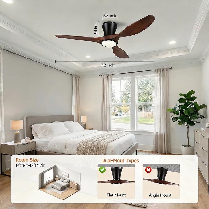 Skylike 42" Flush Mount Wood Ceiling Fan with Lights, 3 Blade Low Profile Farmhouse Ceiling Fan with Remote Control,Quiet Indoor/Outdoor Dark Walnut Ceiling Fan for Patio,Gazebo, Balcony, Living Room