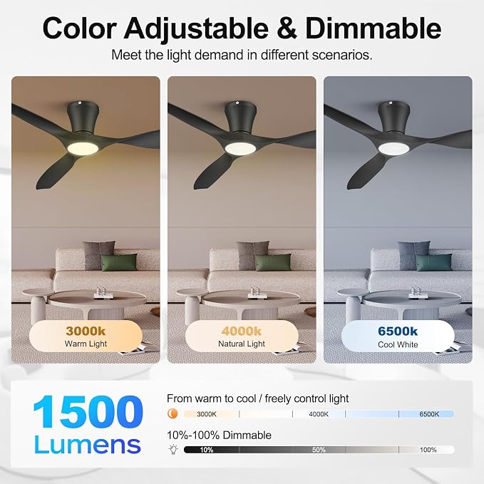 ocioc 42 inch Ceiling Fans with Lights and Remote, Dimmable Ceiling Fans with Reversible Quiet DC Motor, Flush Mount, 3CCT, Black Ceiling Fan for Bedroom Living Room Indoor/Outdoor