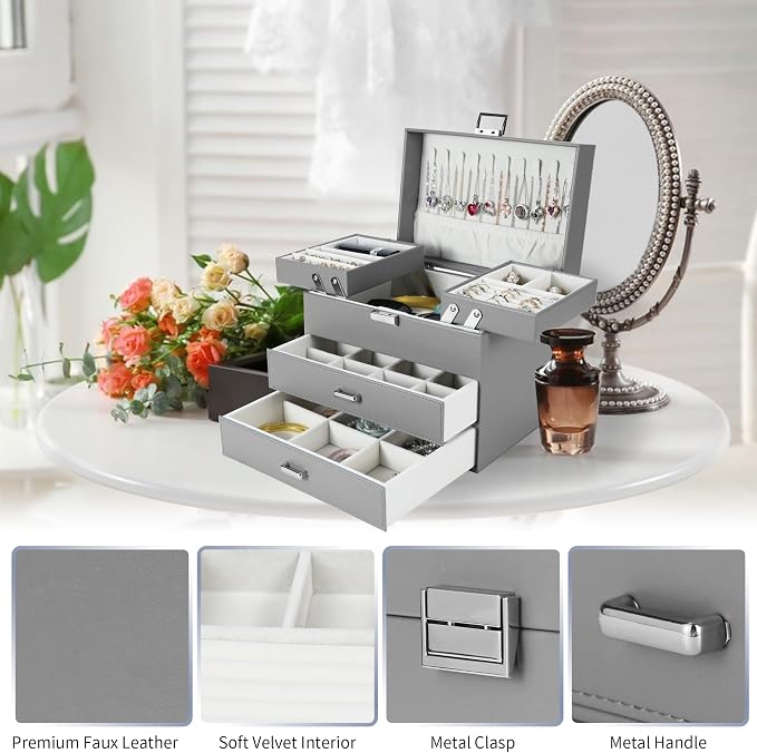 Dajasan Jewelry Organizer Box, Large Jewelry Boxes for Women Girls, Space-Saving 4 Layers Jewelry Storage Case with Drawer, Movable Metal Stand, Modern, Gift Idea (Grey)