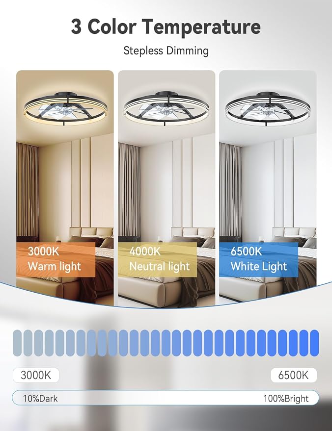 AKOFUN 24" Ceiling Fans with Lights and Remote, Low Profile Flush Mount Ceiling Fan with Light, 3000-6500K Dimmable LED Fan Light, Modern Bladeless Fandelier Ceiling Fans for Bedroom, Black Stripes