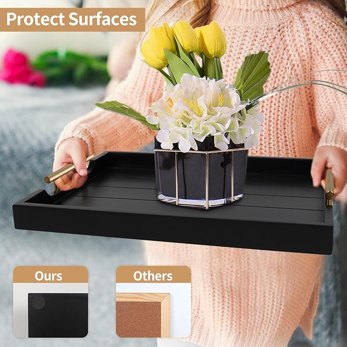 SXNOWS Wooden Serving Tray with 2 Sets of Handles,Black | Rectangle 16.5x13 Inch Ottoman Decorative Tray for Coffee Table Kitchen Bar Living Room Breakfast in Bed, 4 Coasters Included