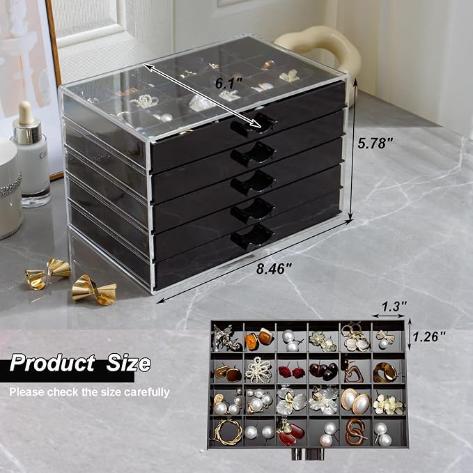 YUFONG Earring Storage Box Organizer, Acrylic Jewelry Storage Box Holder 5 Drawers Transparent Jewelry Display Stand with 120 Small Compartments Gift Boxes for Women Girls (Black)