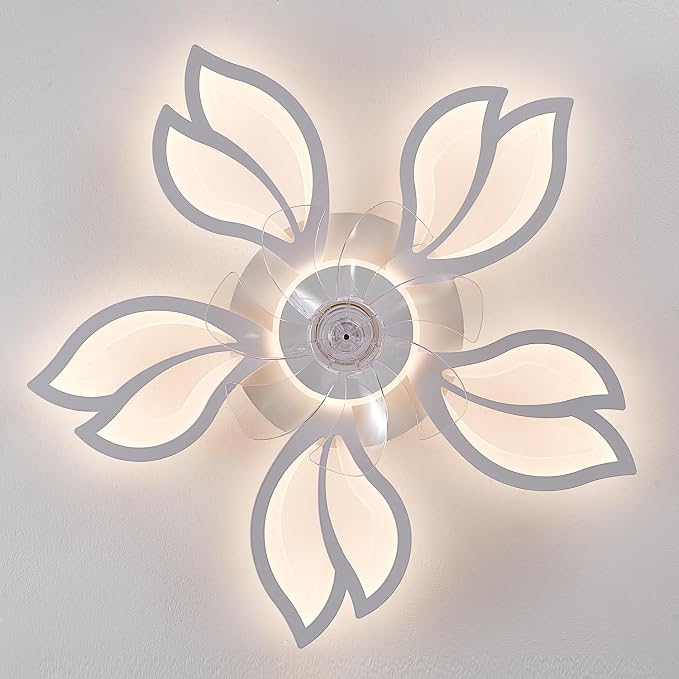 Dalouguan Ceiling Fan with Lights Remote Control, 26" White Modern Leaf 6 Speeds 3 Light Color Low Profile Flush Mount Ceiling Fan for Kitchen Bedroom