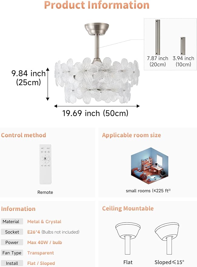 Silver Crystal Fandelier Ceiling Fans with Lights, 20" Silver Flower Chandelier Ceiling Fan with Light Remote Control, Caged Mid-Century with 6 Speeds for Bedroom, Nursery, Living Room