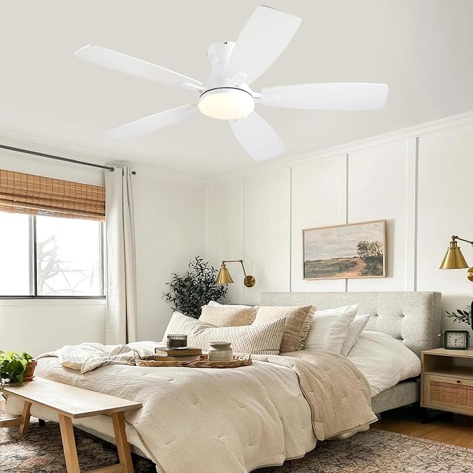 NKPU Ceiling Fans with Lights, Low Profile Ceiling Fan with Light and Remote/APP Control, DC Reversible Motor, Noiseless, Flush Mount, 46inch White Ceiling Fan for Bedroom Indoor/Outdoor Use