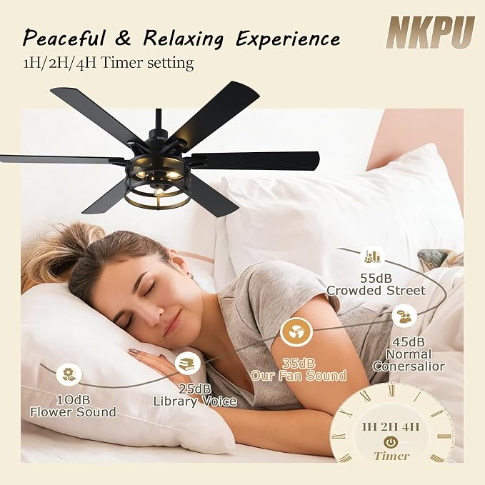 NKPU 52 Inch Farmhouse Ceiling Fan with Light and Remote, Black Industrial Caged Rustic Ceiling Fan with 6 Speed Reversible Motor and Dual Finish 6 Blades, Rustic Ceiling Fan for Living