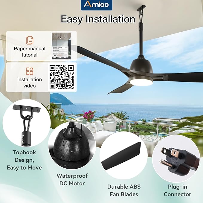 Amico Outdoor Ceiling Fan with Light for Patios, IP65 Waterproof Gazebo Fan Remote Control,3CCT, 6 Speeds, Hook Hanging Plug in Ceiling Fan for Patio Porch Pergola Garage Canopy (52 Inch)